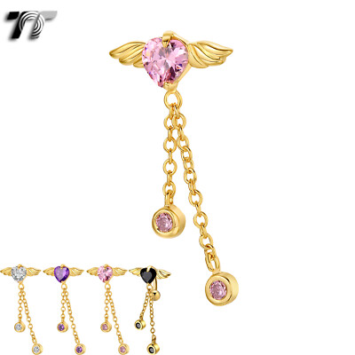 TT Reverse CZ Angel Wing Heart Dangle Belly Bar Ring (BL523J) NEW