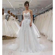 Elegant A-Line Wedding Dress Spaghetti Straps Backless Lace Applique Bridal Gown