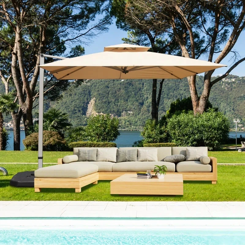 Paraguas voladizo cuadrado Domi 9,68'x9,68' con poste central para cubierta porche beige Foto 4 de 4