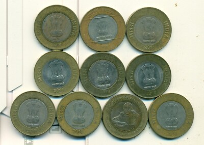 10 DIFFERENT BI-METAL 10 RUPEE COINS from INDIA (2009 to 2019)
