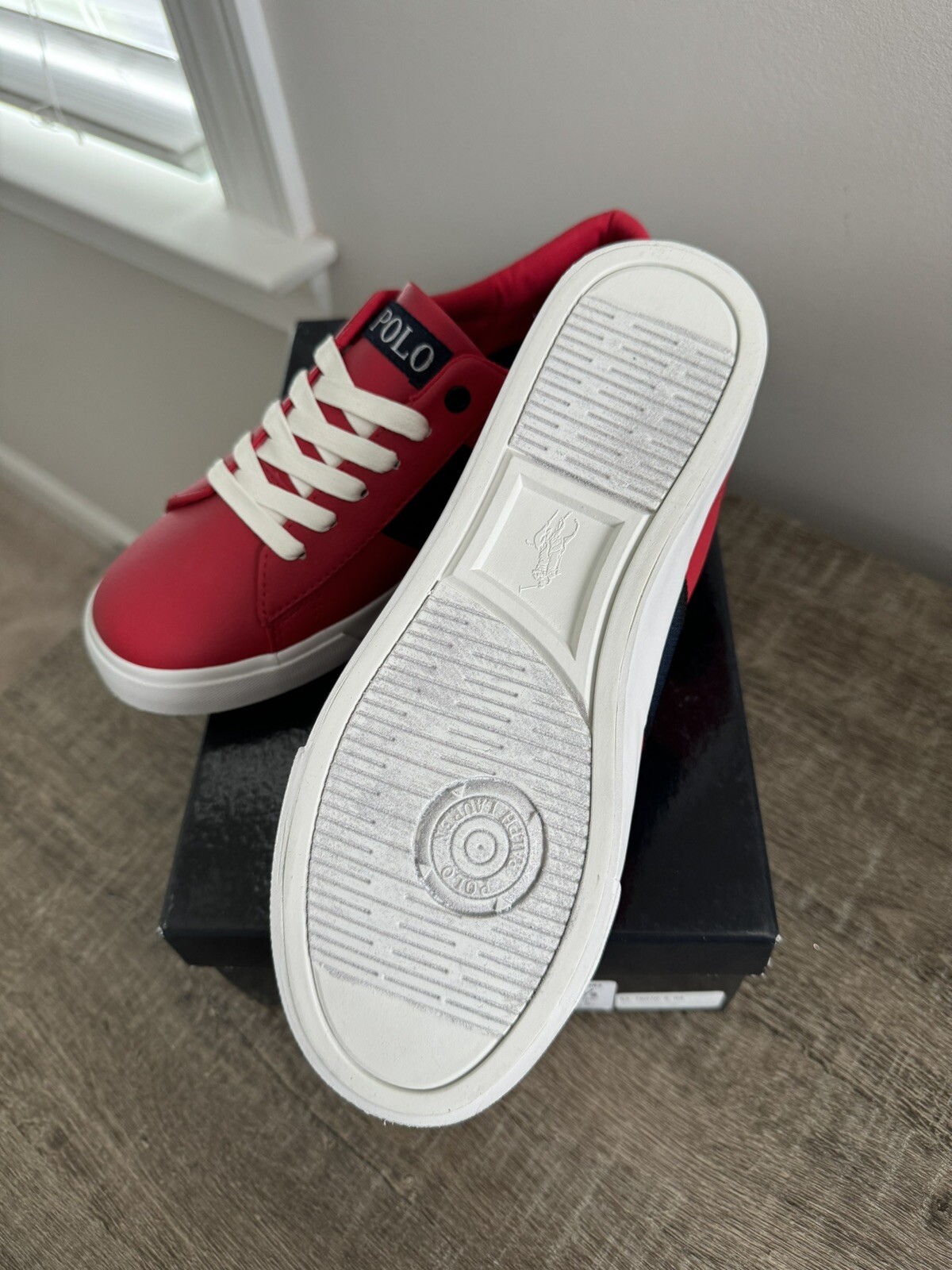 Polo Ralph Lauren GEOFF rossa piccola pony sneaker nuova con scatola taglia junior US6 EUR39 bambino grande