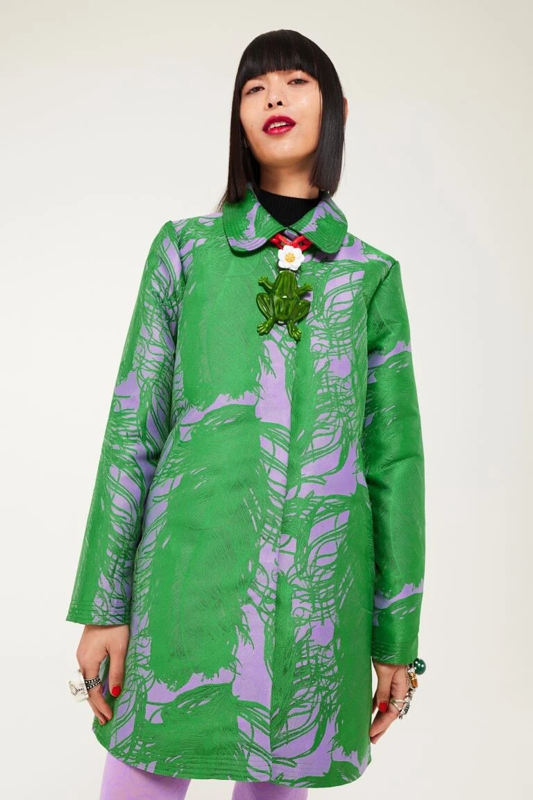 IRIS APFEL x H M Feather Jacquard Weave Green and Purple Coat