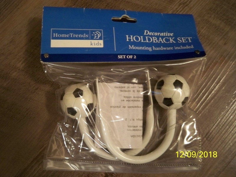 BRAND NEW! SOCCER DECORATIVE HOLDBACK SET FOR CURTAINS OR DRAPERY + HARDWARE!