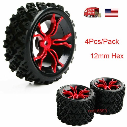 4Pcs RC Rally Tires&Red Wheel Rims 12mm Hex for HSP HPI 1/10 off road Racing car - Picture 5 of 6