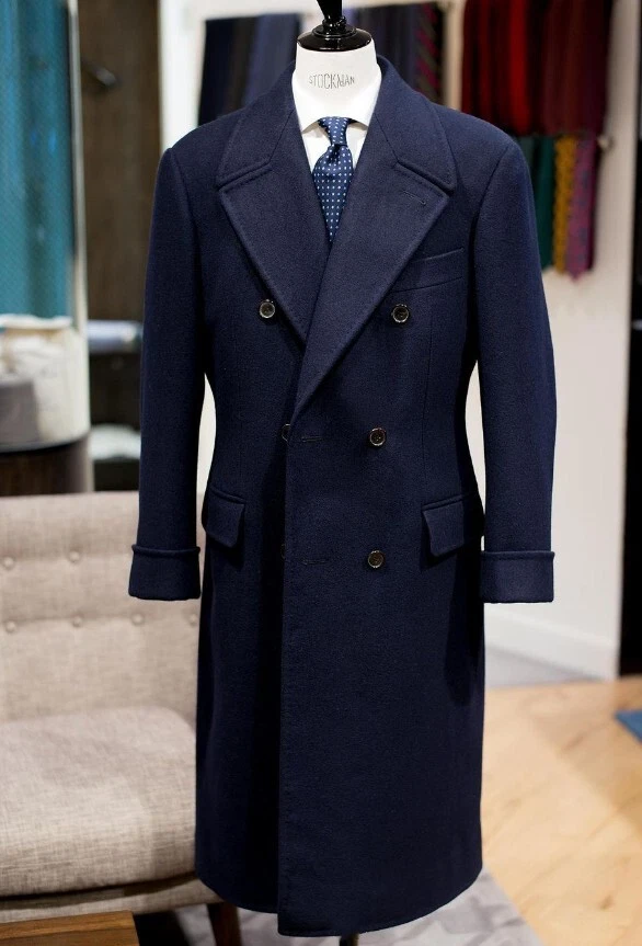 Abrigo largo de lana para hombre doble botonadura pico solapa formal negocios aire libre abrigo Foto 3 de 4