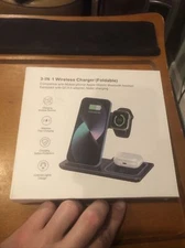 Foldable Wireless Charger Portable 3 in1 Wireless Charger Station Dock Pad Black