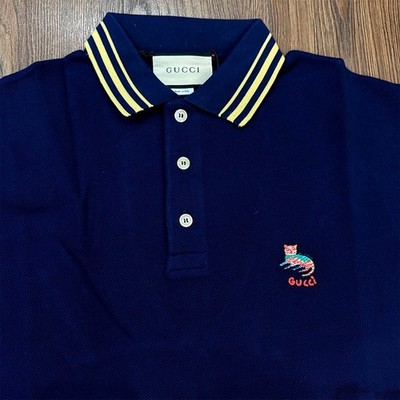 GUCCI Polo Shirt Men Cat Embroidered Print Navy Blue Color Size