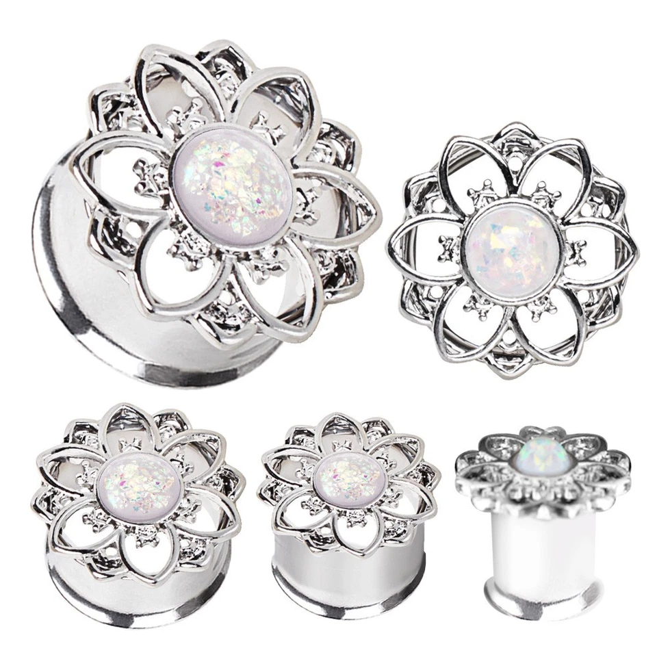 PAR de Tapones Túnel Flor Acero Inoxidable 316L con Ópalo Sintético Blanco Foto 2 de 4