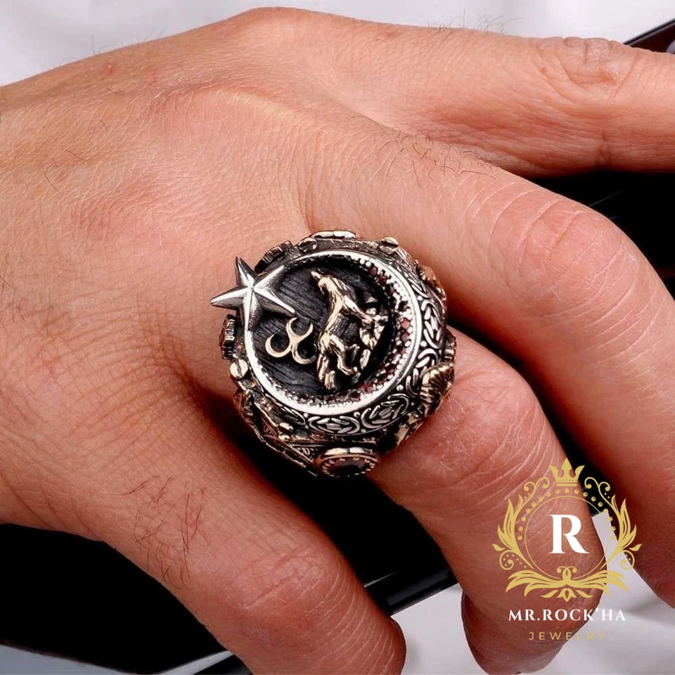 Anillo para hombre en relieve de lobo y estrella media luna en relieve, circón rojo, plata de ley 925 Foto 3 de 4