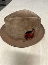Vtg Men's London Fog Tobacco Color Leather Suede Fedora Hat Size 7 3/8 USA Made
