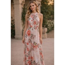 Eliza J Floral Maxi Dress Fit & Flare Halter Pink Printed Chiffon Formal Size 12