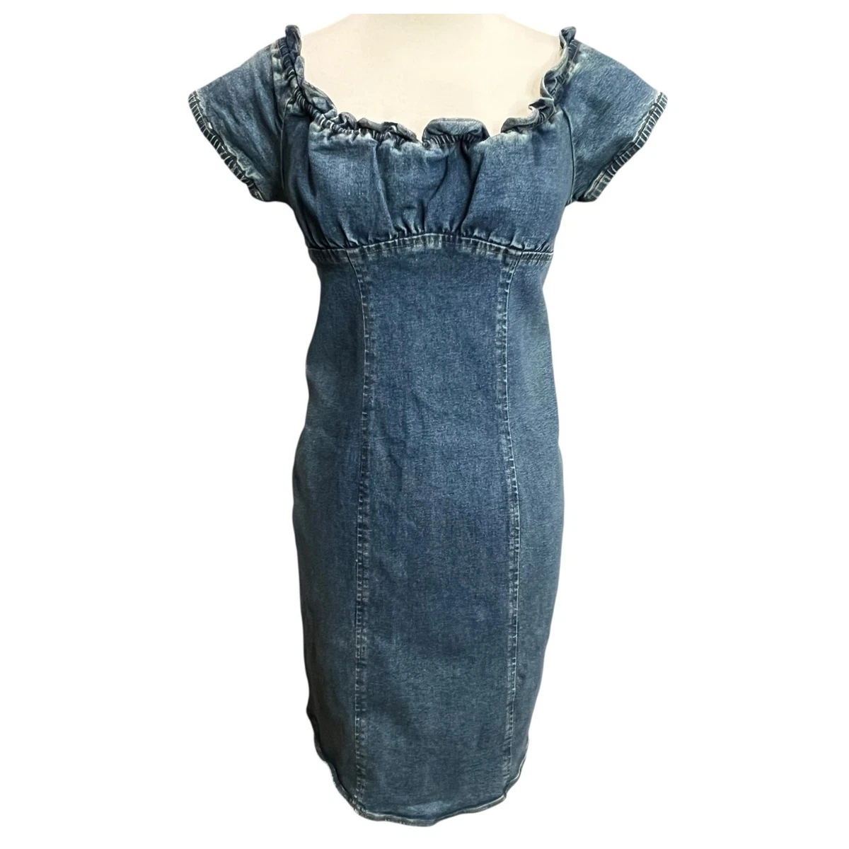 Moda International Y2K Denim Dress 6 Blue Ruffle Neck Milkmaid Stretch  Retro | eBay