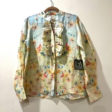 NWT La Fuori silk cotton ruffle front blouse large pastel floral mandarin collar