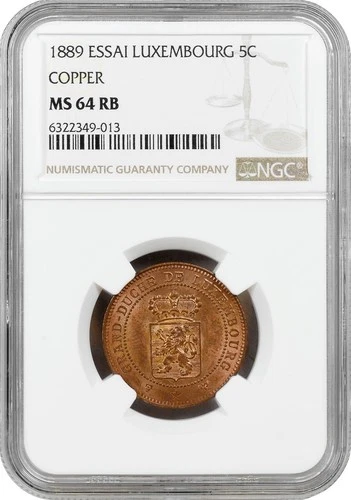 Luxembourg 5 centimes 1889, NGC MS64 RB ESSAI, "King William III (1849 - 1890)"