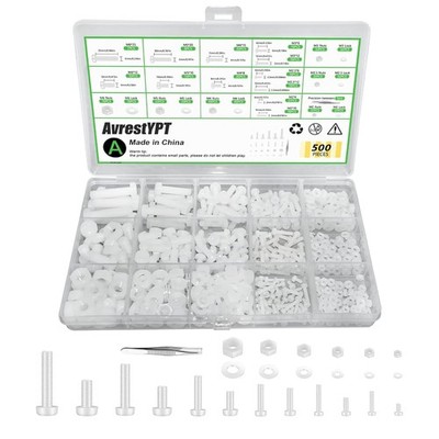 500 Pcs White Nylon Plastic Pan Round Head Screws Bolts and Nuts and Gaskets Met