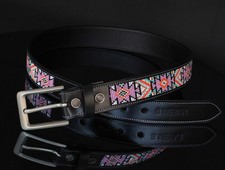 Beaded Leather Belt Unisex Handmade Genuine Leather Custom Belt .