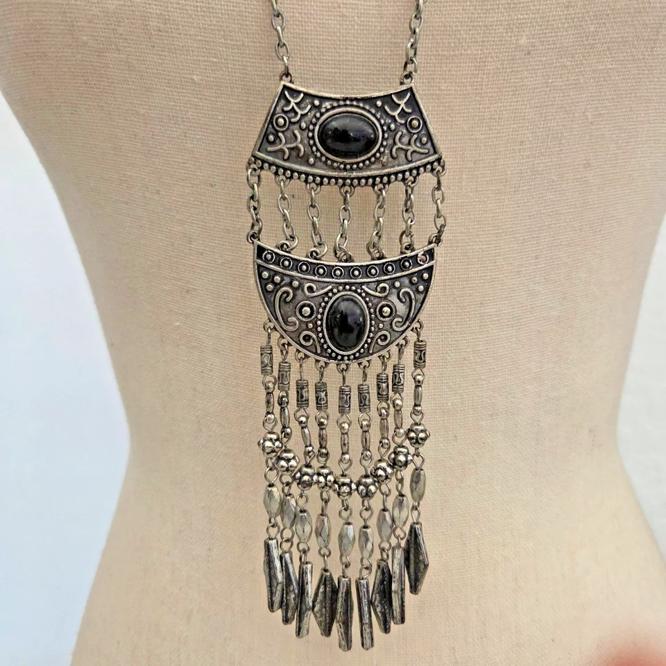 Statement 项链长链或短链吊坠银色黑石西部波西米亚 — 第 2/4 张图片