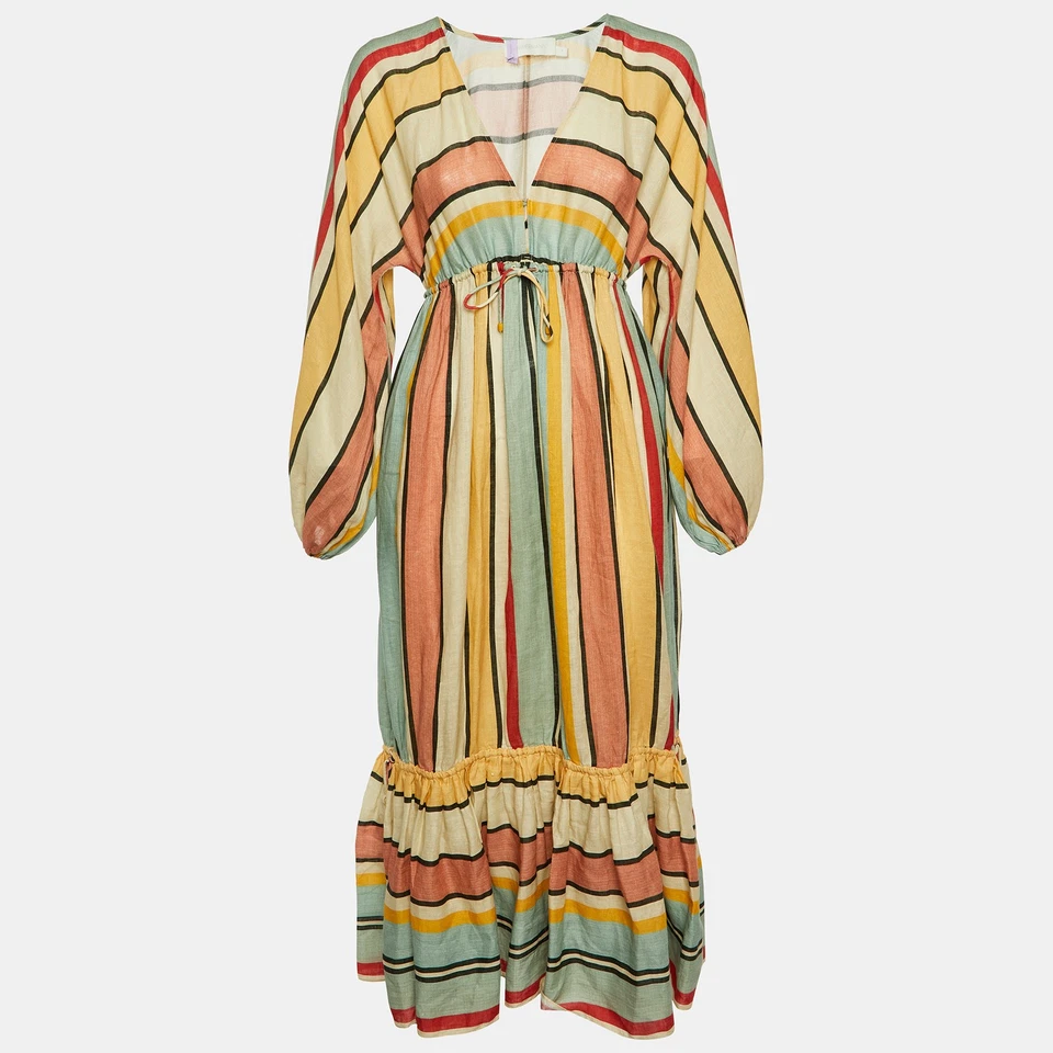 Zimmermann Multicolor Striped Linen Tiered Cassia Maxi Dress S