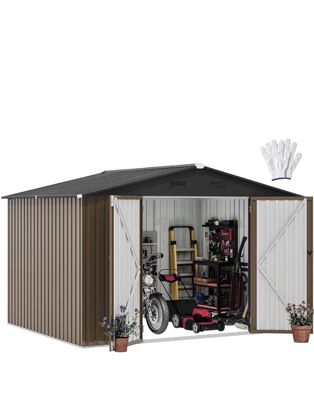 Steel Garden Shed Double Doors Bolt Lock Ventilation Reinforced Frame Brown