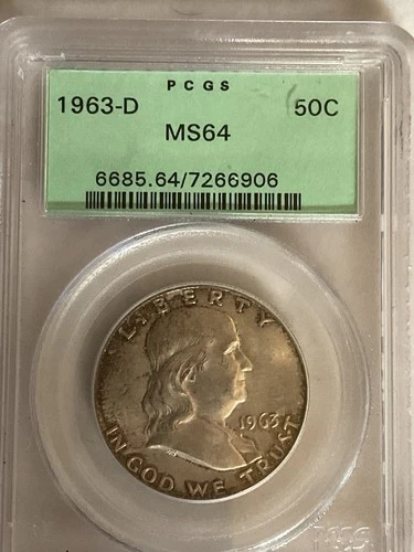 1963-D Franklin Half Dollar PCGS MS64 Green Label Nice Toning.