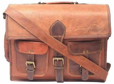 15'' Leather Messenger Study Shoulder Laptop Bag Briefcase Men's Genuine Brown