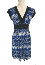 Speechless Striped Blue Black Mini Fit & Flare Dress Women Size M V-Neck Stretch