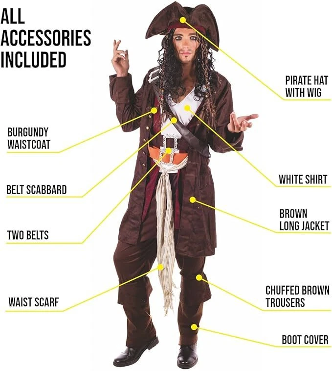 Disfraz de Capitán Pirata del Caribe para Hombre + Sombrero + Peluca Jack Sparrow M - XL Halloween Foto 3 de 4