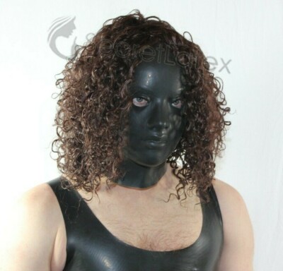 SCHWARZE LATEXHAUBE VOLLKOPF GUMMI FETISCH WEIBLICH GEFORMTE GIMP MASKE + HQ PERÜCKE S/L