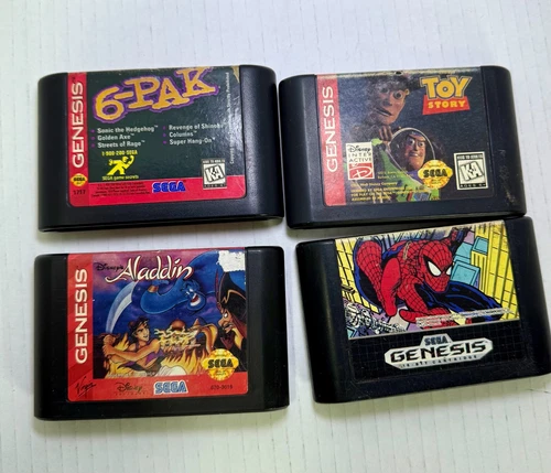 Vintage Sega Genesis Game Lot 4 Pak, Aladdin, Toy Story, Spider-Man
