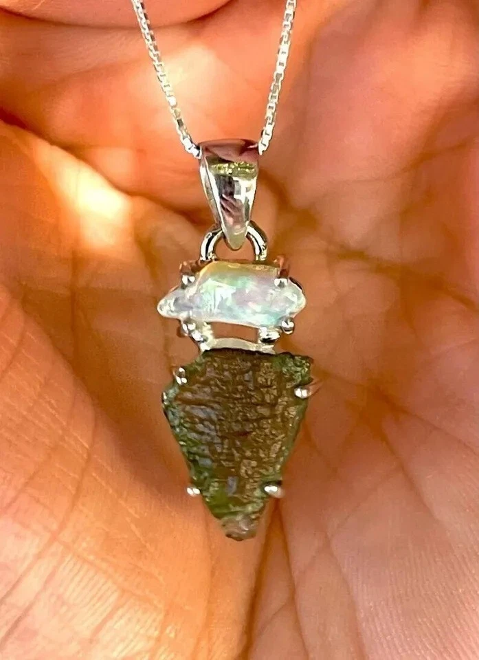 Colgante genuino de moldavita en bruto y ópalo etíope joyería de plata de ley 925 Foto 4 de 4