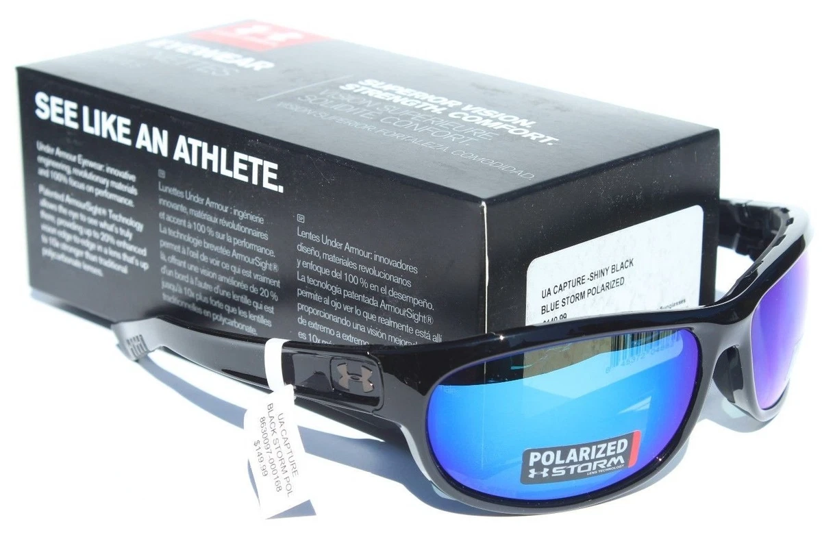 UNDER ARMOUR Capture POLARIZED Sunglasses Shiny Black Blue Storm Sport NEW 150