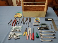 Portable wood tool box with 20 tools plus marr and assorted sock