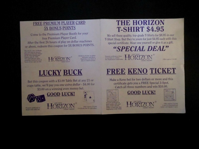 4 OBSOLETE CASINO COUPONS HORIZON LAKE TAHOE, NV. T-SHIRT, LUCKY BUCK, FREE KENO