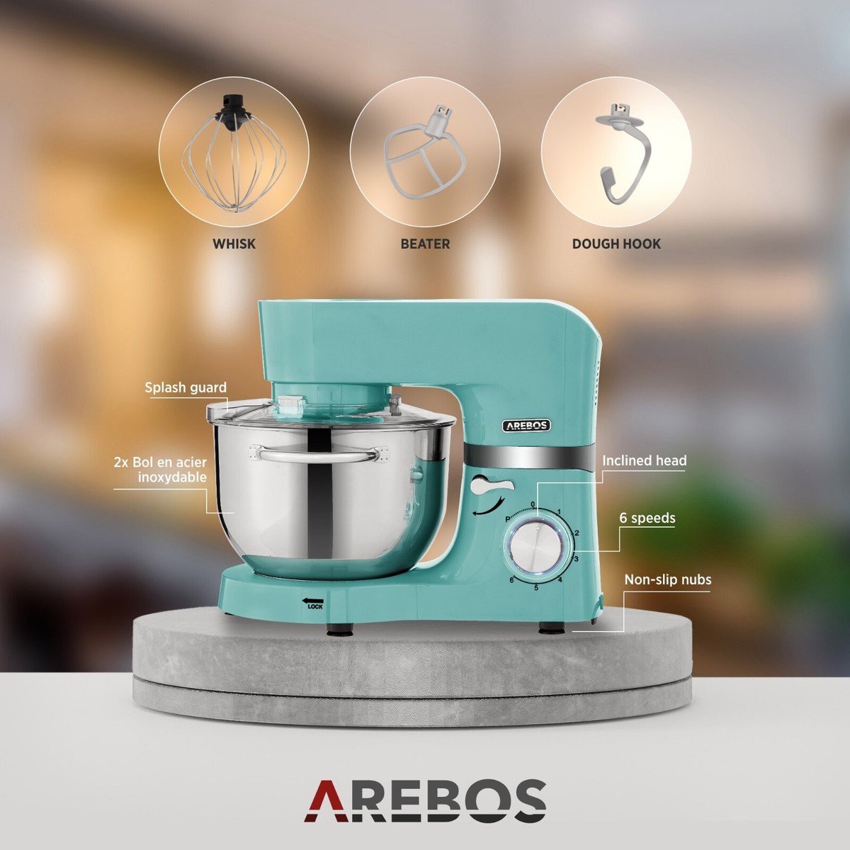 AREBOS Food Processor 1500 W Turquoise Kneading Machine With 2 X Stainless Steel Mixing Bowls 4.5 & 5.5 L Low Noise Kitchen Mixer With Mixing Hook, Dough Hook, Whisk And Splash Guard 6 Speeds