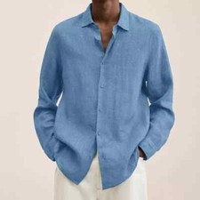 NEW Mens Long Sleeve Cotton Linen Dress Shirt Casual Solid Button-up Baggy Tops