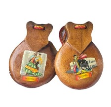 Vintage Wooden Castanets Souvenir From Spain Bullfighter Tasseled Spanish Motifs