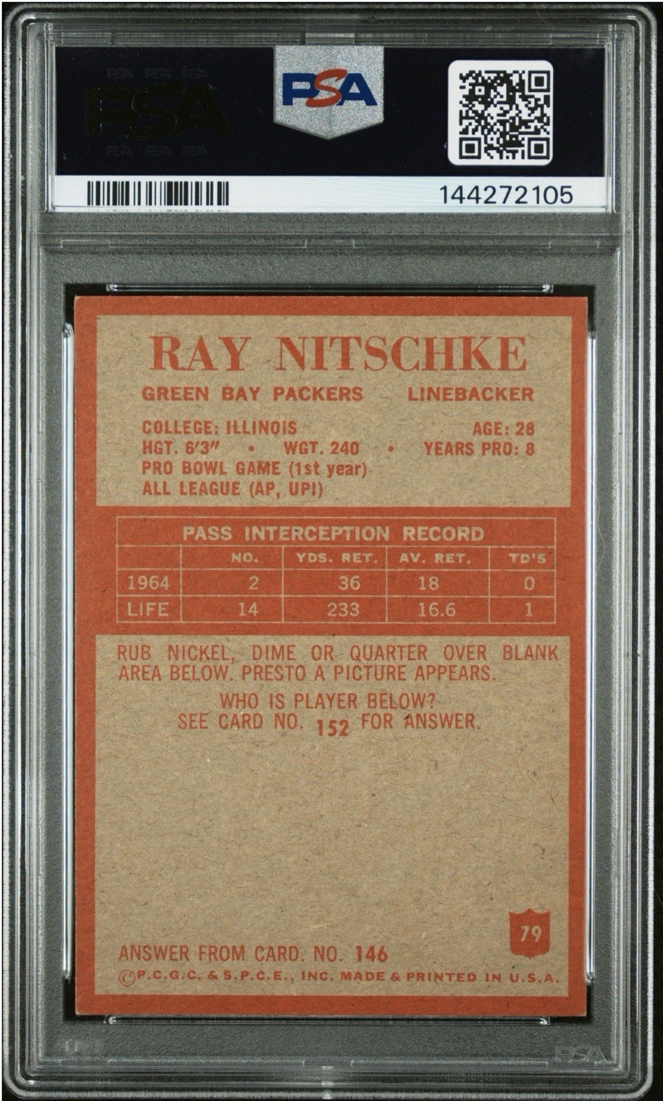1965 Philadelphia Ray Nitschke #79 Packers HOF Well Centered PSA 6 EX-MT POP 70! view 2