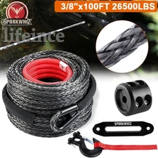 SPARKWHIZ 26500LBS 3/8"x100FT Synthetic Winch Rope Cable Kit Winch Line Cable US