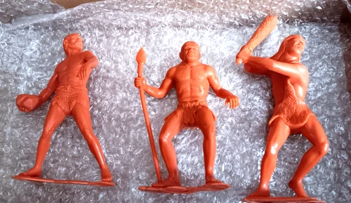 3 Vintage 1963  Marx Butterscotch Caveman Army (primitive baseball) 6" Figures