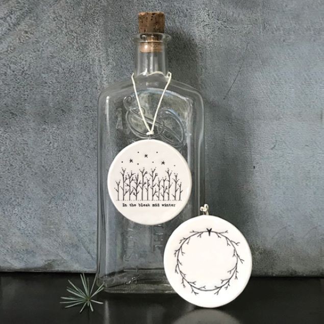 East of India Ceramic Bleak mid Winter Xmas Flat Bauble Tree Decoration 6.5cm