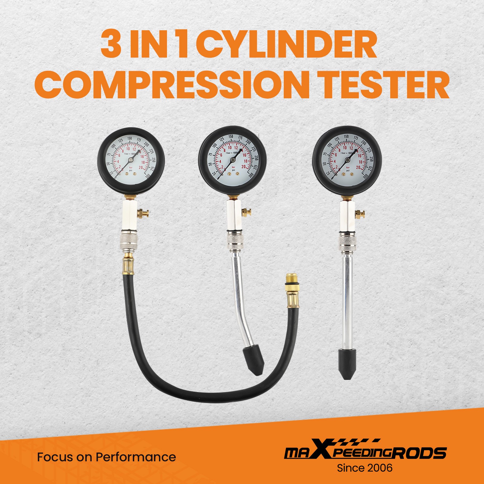 Testeur de compression essence 0-20 bar avec adaptateurs M10 à M18 - 3
