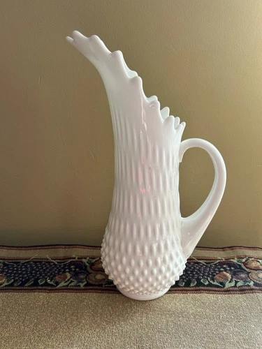 Vintage LARGE Fenton Milk Glass Hobnail Swung Vase Pitcher 13” MCM