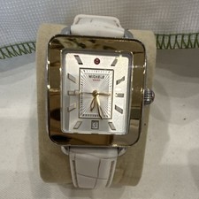 MICHELE Sport Silver Tone Stainless Steel Rectangle Analog Date White Leather