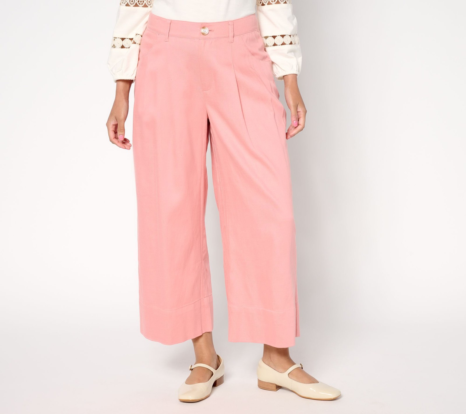 Me by Jennie Garth Women's Pants Sz 10 Cara Twill Cropped Wide Leg Pink A684124
