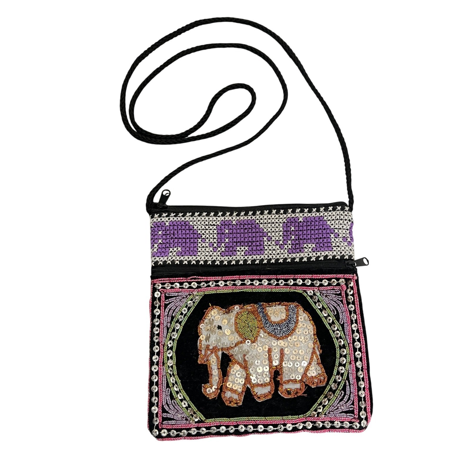 Elephant Sequin Beaded Crossbody Bag Purple White Novelty Purse