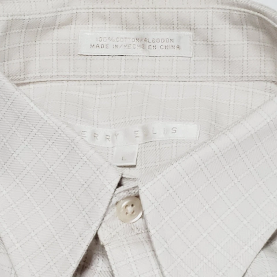 Perry Ellis Ivory Check Button Up Men's French Cuff Dress Shirt Large - Image 2 of 4