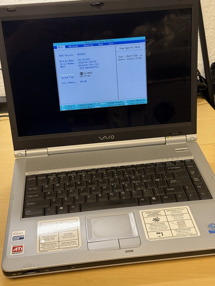 Sony Vaio Notebook Laptop PCG-9S1L PCG-K33 Boots To Bios *No HDD