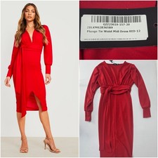 Boohoo Size 12 Plunge Tie Waist Midi Dress Red BNWT 