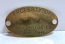 "Property of Ford Motor Co." brass metal took check tag, automotive car history