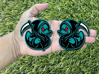 Red Eyes White Scythe Angry Reaper Rubber Duck Badges Black on Teal Aggressive